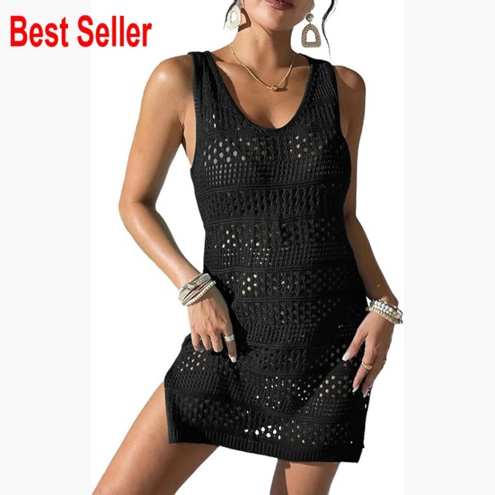 Crochet Hollow Out Knit Beach Coverup Dress Sleeveless Polyester